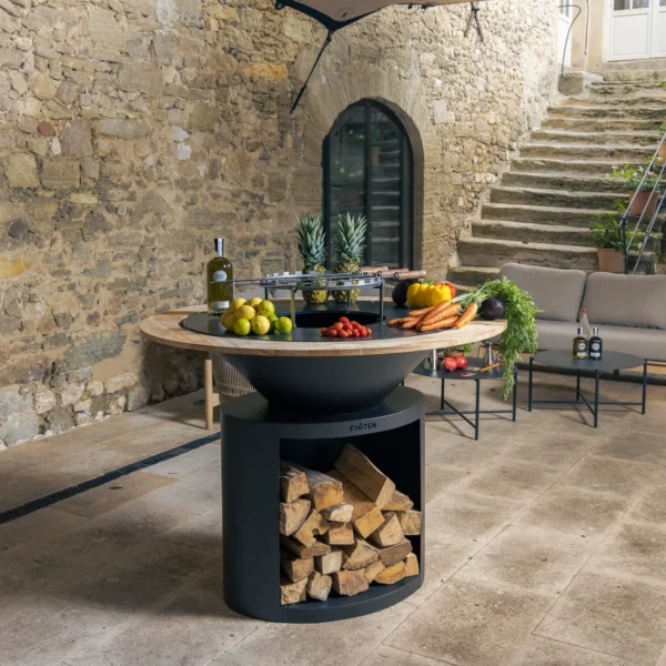 Brasero barbecue plancha XXL noir de la marque FIRTEN, avec stockage bois central.